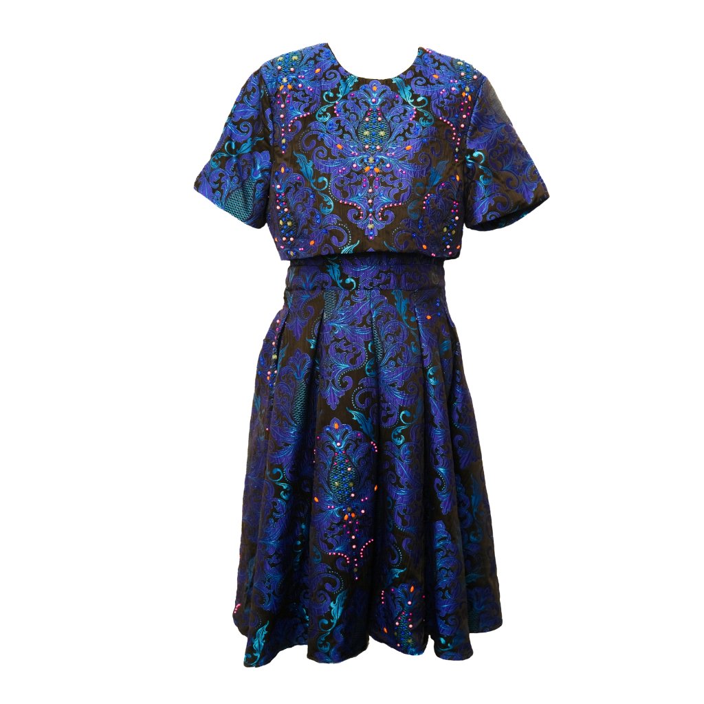 Asos Embellished Short Sleeve Crop Top Midi Dress In Woven Blue Jacquard Fabric